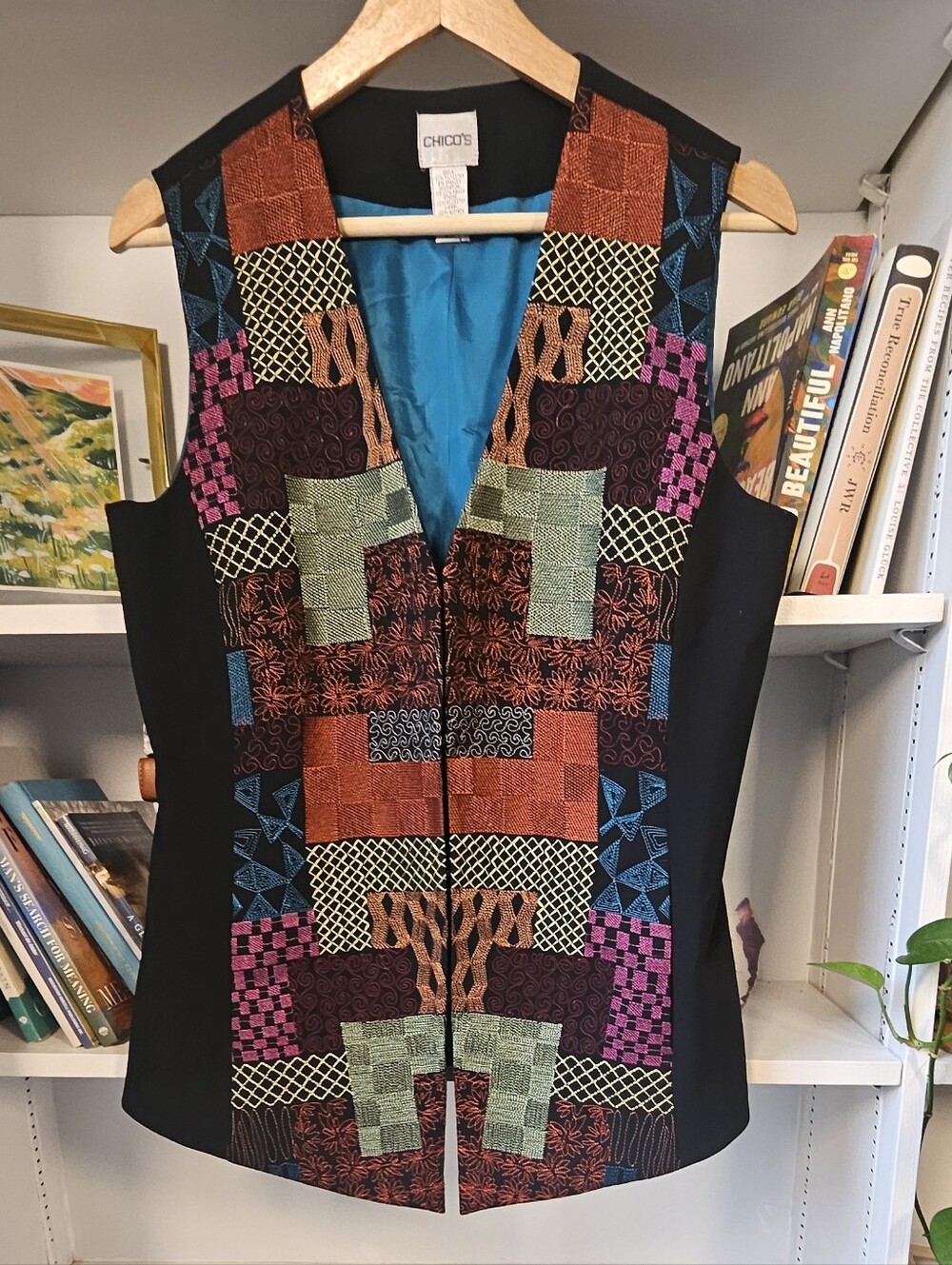 Chico's Patchwork Black Vest Bright Blue Lining Size Medium Hippie Boho Festival